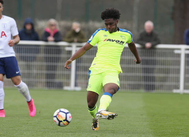 ENFIELD, ENGLAND - APRIL 07: Aaron Eyoma of Derby County in action during the Premier League 2 match between Tottenham Hotspur and Derby County on April 7, 2018 in Enfield, England. (Photo by Pete Norton/Getty Images)