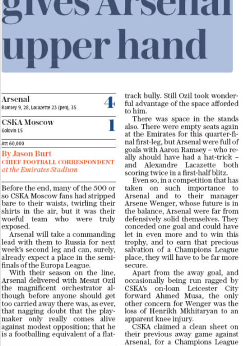 daily telegraph 6 april 2018 match report closeup