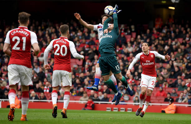 LONDON, ENGLAND - APRIL 01: Ramadan Sobhi of Stoke City and David Ospina of Arsenal challenge for the ball during the Premier League match between Arsenal and Stoke City at Emirates Stadium on April 1, 2018 in London, England. (Photo by Mike Hewitt/Getty Images)