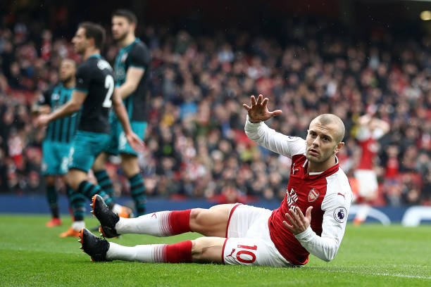 LONDON, ENGLAND - APRIL 08: Jack Wilshere of Arsenal reacts to a missed goal during the Premier League match between Arsenal and Southampton at Emirates Stadium on April 8, 2018 in London, England. (Photo by Bryn Lennon/Getty Images)