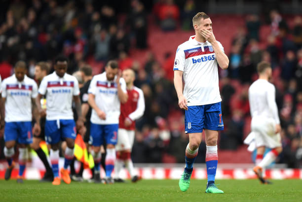 LONDON, ENGLAND - APRIL 01: Ryan Shawcross of Stoke City and his team mates walk off dejected after the Premier League match between Arsenal and Stoke City at Emirates Stadium on April 1, 2018 in London, England. (Photo by Shaun Botterill/Getty Images)