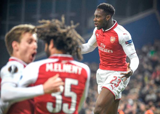 Arsenal's British striker Danny Welbeck celebrates after scoring a goal during the UEFA Europa League quarter-final second leg football match between CSKA Moscow and Arsenal at VEB Arena stadium in Moscow on April 12, 2018. / AFP PHOTO / Alexander NEMENOV