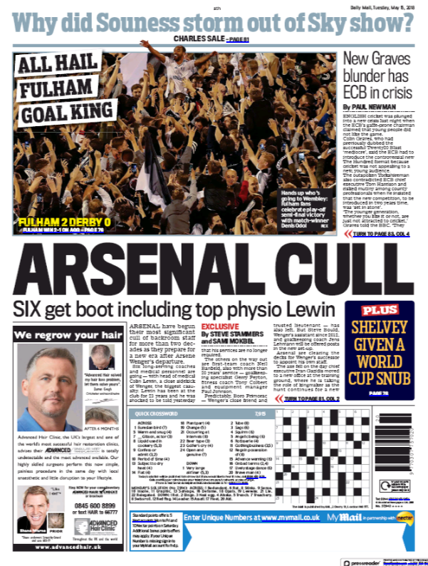 15 may 2018 daily mail backpage arsenal cull