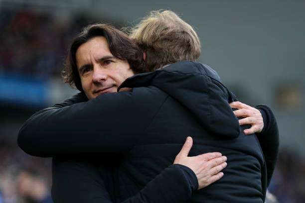 BRIGHTON, ENGLAND - DECEMBER 02: Jurgen Klopp, Manager of Liverpool embraces Zeljko Buvac, assistant manager of Liverpool before the Premier League match between Brighton and Hove Albion and Liverpool at Amex Stadium on December 2, 2017 in Brighton, England. (Photo by Dan Istitene/Getty Images)