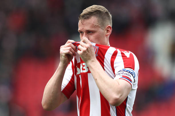 STOKE ON TRENT, ENGLAND - APRIL 22: Ryan Shawcross of Stoke City looks on after the Premier League match between Stoke City and Burnley at Bet365 Stadium on April 22, 2018 in Stoke on Trent, England. (Photo by