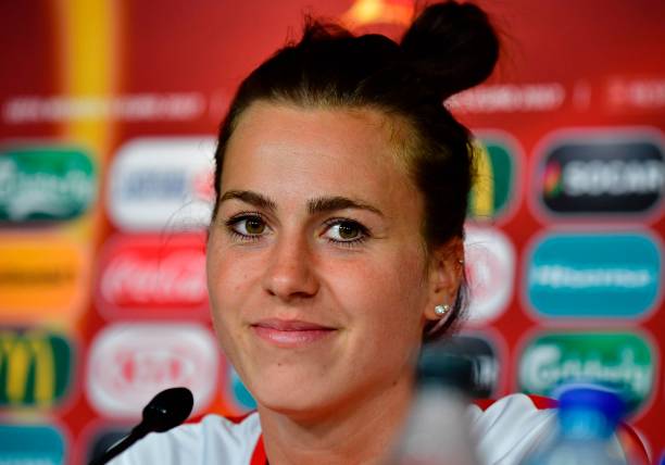 Austria's defender Viktoria Schnaderbeck looks on during press conference during the UEFA Women's Euro 2017 football tournament in Breda on August 2, 2017. / AFP PHOTO / TOBIAS SCHWARZ