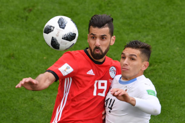 Uruguay's midfielder Lucas Torreira (R) and Egypt's midfielder Abdallah Said (L) go for the ball during the Russia 2018 World Cup Group A football match between Egypt and Uruguay at the Ekaterinburg Arena in Ekaterinburg on June 15, 2018. (Photo by HECTOR RETAMAL / AFP