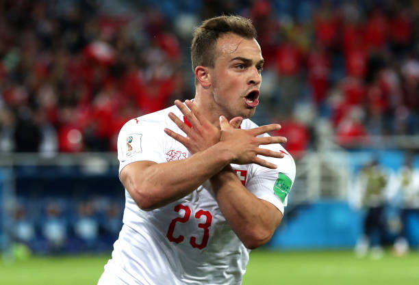 KALININGRAD, RUSSIA - JUNE 22: Xherdan Shaqiri of Switzerland celebrates after scoring his team's second goal during the 2018 FIFA World Cup Russia group E match between Serbia and Switzerland at Kaliningrad Stadium on June 22, 2018 in Kaliningrad, Russia. (Photo by Clive Rose/Getty Images)