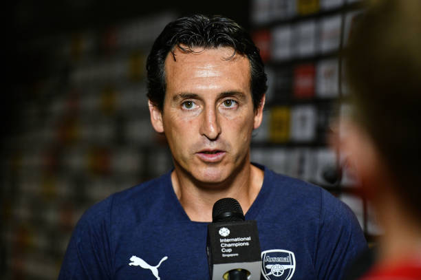 SINGAPORE - JULY 28: Unai Emery head coach of Arsenal interviews during the International Champions Cup match between Arsenal and Paris Saint Germain at the National Stadium on July 28, 2018 in Singapore. (Photo by Thananuwat Srirasant/Getty Images for ICC)