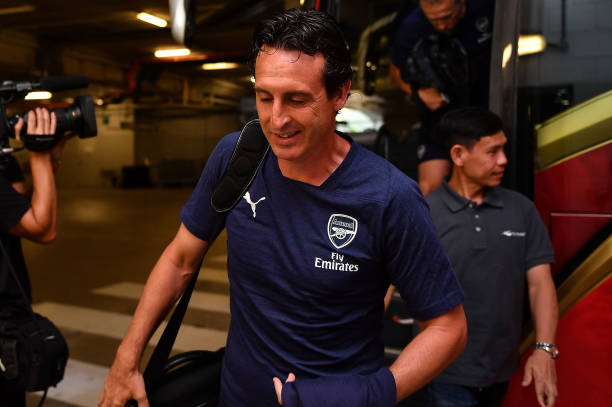 SINGAPORE - JULY 28: Unai Emery head coach of Arsenal smiles during the International Champions Cup match between Arsenal and Paris Saint Germain at the National Stadium on July 28, 2018 in Singapore. (Photo by Thananuwat Srirasant/Getty Images for ICC)