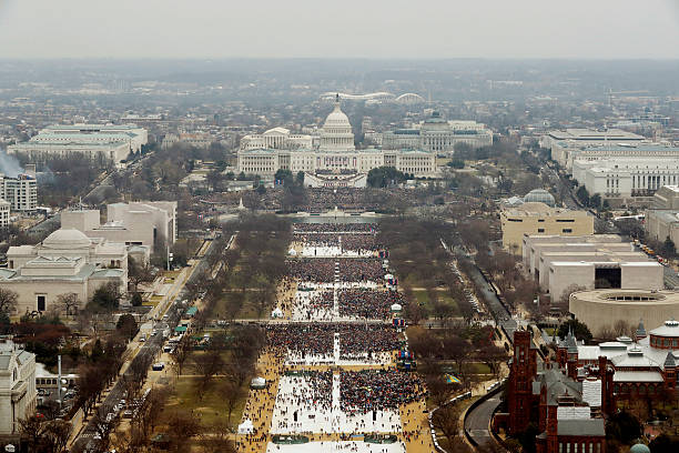 WASHINGTON, DC - JANUARY 20: Attendees line the Mall as they watch ceremonies to swear in Donald Trump on Inauguration Day on January 20, 2017 in Washington, DC. Donald J. Trump will become the 45th president of the United States today. (Photo by Lucas Jackson - Pool/Getty Images)