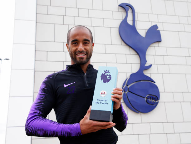 ENFIELD, ENGLAND - SEPTEMBER 11: Lucas Moura of Tottenham Hotspur wins the EA Sports Player of the Month Award at Tottenham Hotspur Training Centre on September 11, 2018 in Enfield, England. (Photo by Henry Browne/Getty Images for Premier League)
