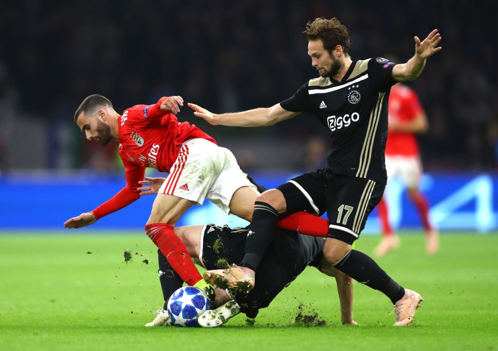 AMSTERDAM, NETHERLANDS - OCTOBER 23: Rafa of Benfica is tackled bt Matthijs de Ligt and Daley Blind of Ajax during the Group E match of the UEFA Champions League between Ajax and SL Benfica at Johan Cruyff Arena on October 23, 2018 in Amsterdam, Netherlands. (Photo by Dean Mouhtaropoulos/Getty Images)