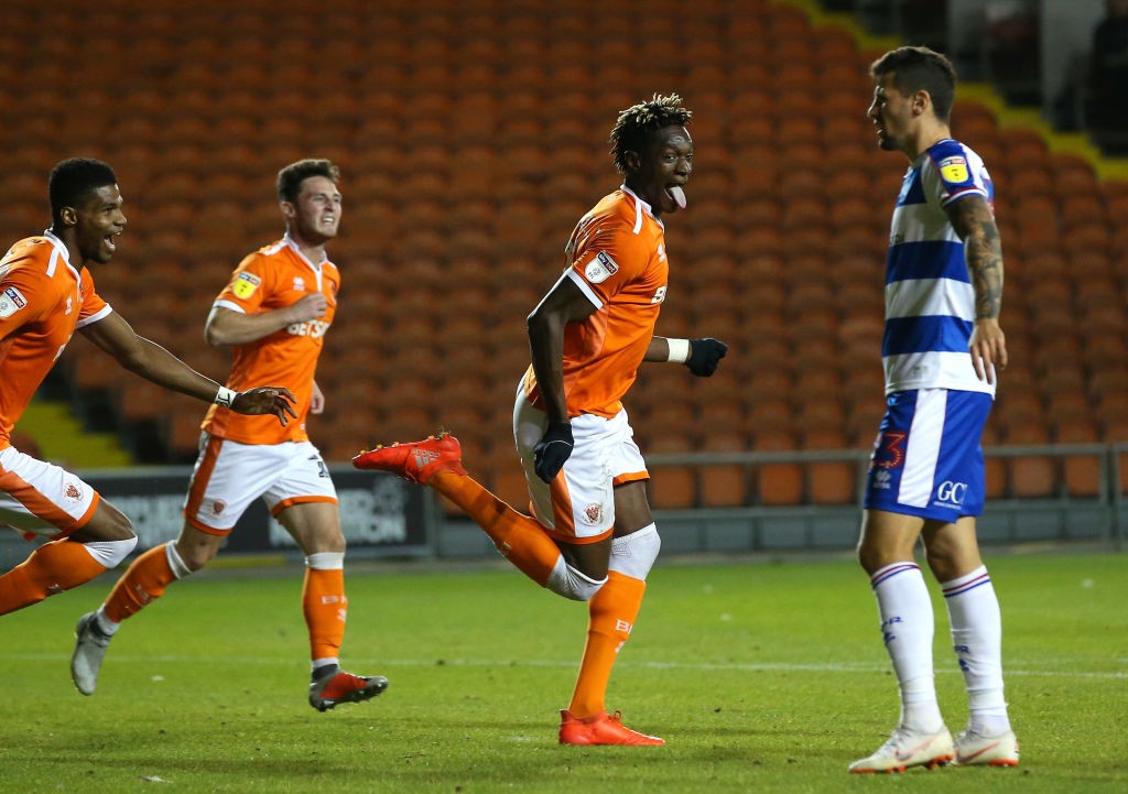 BLACKPOOL, ENGLAND - SEPTEMBER 25: Armand Gnanduillet of Blackpool celebrates after scoring the opening goal during the Carabao Cup Third Round match between Blackpool and Queens Park Rangers at Bloomfield Road on September 25, 2018 in Blackpool, England. (Photo by Alex Livesey/Getty Images)