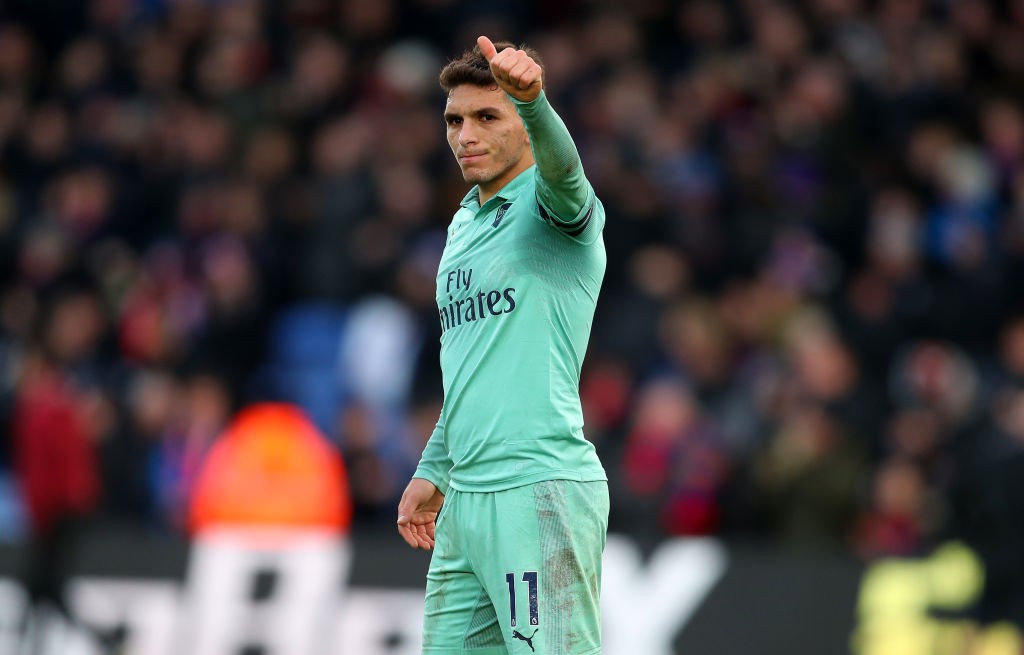 LONDON, ENGLAND - OCTOBER 28: Lucas Torreira of Arsenal acknowledges the travelling support following the Premier League match between Crystal Palace and Arsenal FC at Selhurst Park on October 28, 2018 in London, United Kingdom. (Photo by Catherine Ivill/Getty Images)
