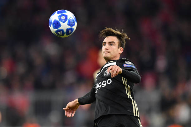 MUNICH, GERMANY - OCTOBER 02: Nicolas Tagliafico of Ajax plays the ball during the Group E match of the UEFA Champions League between FC Bayern Muenchen and Ajax at Allianz Arena on October 2, 2018 in Munich, Germany. (Photo by Sebastian Widmann/Bongarts/Getty Images)