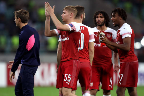 BAKU, AZERBAIJAN - OCTOBER 04: Emile Smith Rowe of Arsenal applauds fans after the UEFA Europa League Group E match between Qarabag FK and Arsenal at on October 4, 2018 in Baku, Azerbaijan. (Photo by Francois Nel/Getty Images)