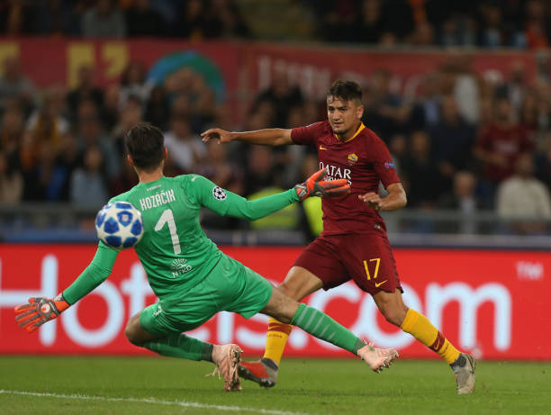 ROME, ITALY - OCTOBER 02: Cengiz Under of AS Roma scores the team's third goal during the Group G match of the UEFA Champions League between AS Roma and Viktoria Plzen at Stadio Olimpico on October 2, 2018 in Rome, Italy. (Photo by Paolo Bruno/Getty Images)