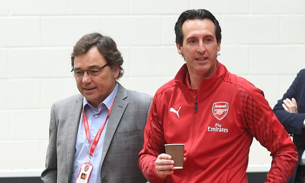 Unai Emery (right) with Arsenal’s director of football Raúl Sanllehí. Photograph: Stuart MacFarlane/Arsenal FC via Getty Images