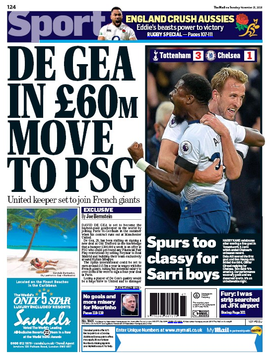 David de Gea to PSG, Mail on Sunday 25 November 2018