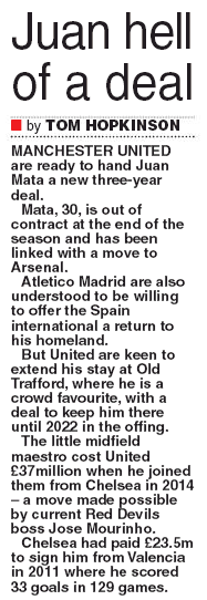 New deal for Juan Mata? Star on Sunday, 25 November 2018