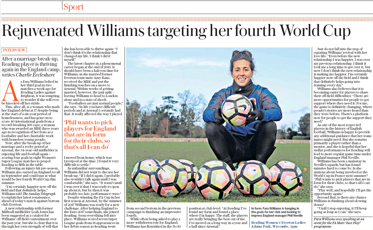Fara Williams interview, Sunday Telegraph, 25 November 2018