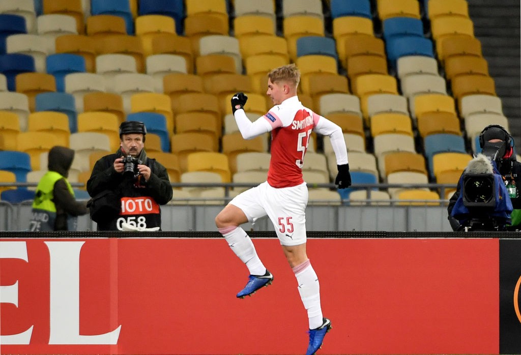 Arsenal Emile Smith Rowe celebrates his scoring during UEFA Europa League, Group E, football match Vorskla FC vs Arsenal FC at the Olympiyski Stadium in Kiev on November 29, 2018. (Photo by SERGEI SUPINSKY / AFP / Getty Images)