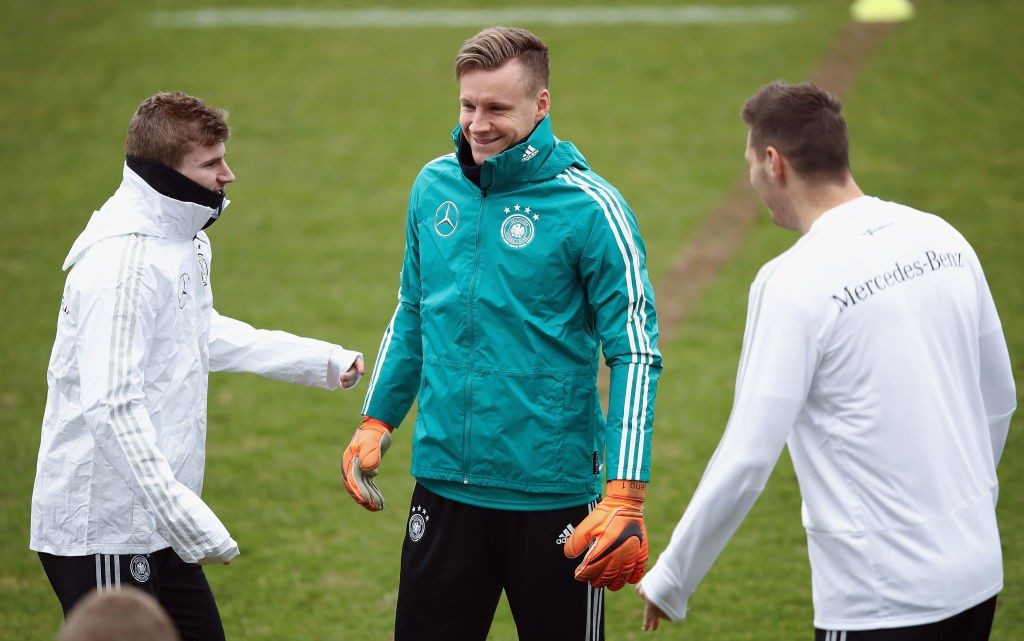 DUESSELDORF, GERMANY - MARCH 21: Timo Werner, Bernd Leno and Niklas Suele chat during a Germany training session ahead of their international friendly match against Spain at Paul-Janes-Stadion on March 21, 2018 in Duesseldorf, Germany. (Photo by Maja Hitij/Bongarts/Getty Images)