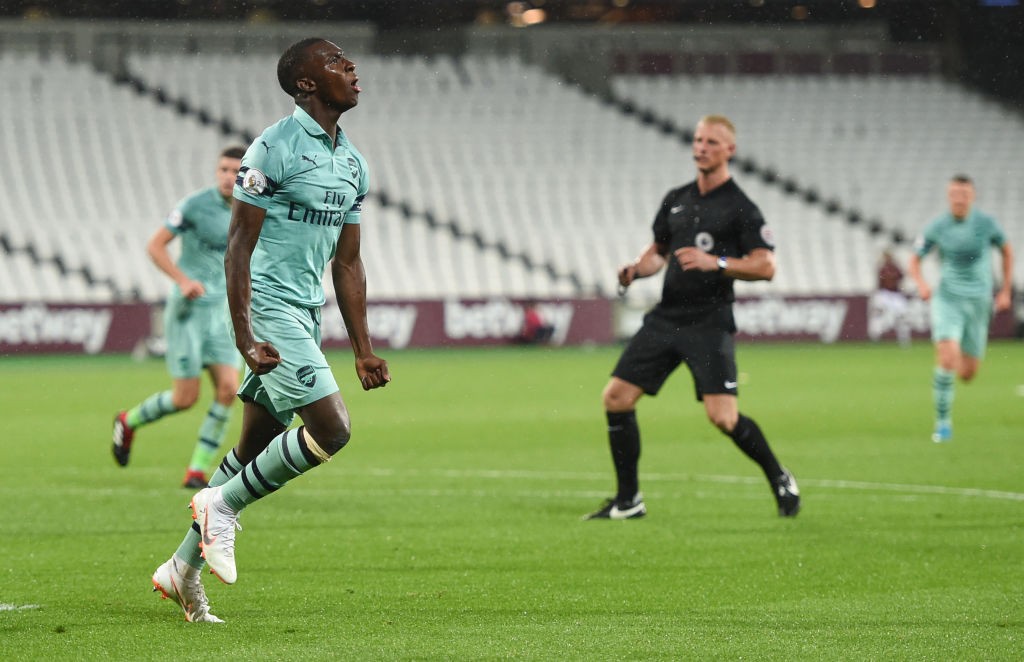 LONDON, ENGLAND - AUGUST 24: Eddie Nketiah of Arsenal celebrates after scoring his team's third goal during the Premier League 2 game between West Ham United and Arsenal at London Stadium on August 24, 2018 in London, England. (Photo by Harriet Lander/Getty Images)