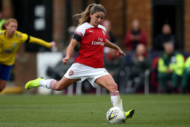 BOREHAMWOOD, ENGLAND - NOVEMBER 04: Danielle Van De Donk of Arsenal scores her sides second goal from a penalty during the WSL match between Arsenal Women and Birmingham Ladies at Meadow Park on November 4, 2018 in Borehamwood, England. (Photo by Jack Thomas/Getty Images)