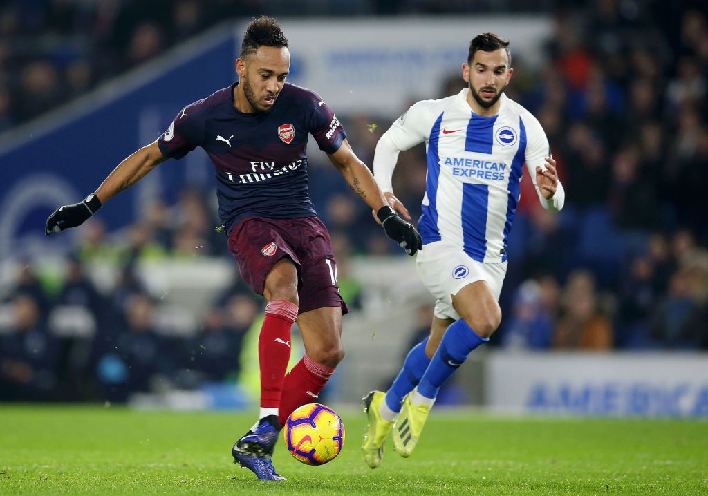 BRIGHTON, ENGLAND - DECEMBER 26: Pierre-Emerick Aubameyang of Arsenal shoots during the Premier League match between Brighton & Hove Albion and Arsenal FC at American Express Community Stadium on December 26, 2018 in Brighton, United Kingdom. (Photo by Steve Bardens/Getty Images)