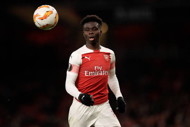 LONDON, ENGLAND - DECEMBER 13: Bukayo Saka of Arsenal in action during the UEFA Europa League Group E match between Arsenal and Qarabag FK at Emirates Stadium on December 13, 2018 in London, United Kingdom. (Photo by Marc Atkins/Getty Images)