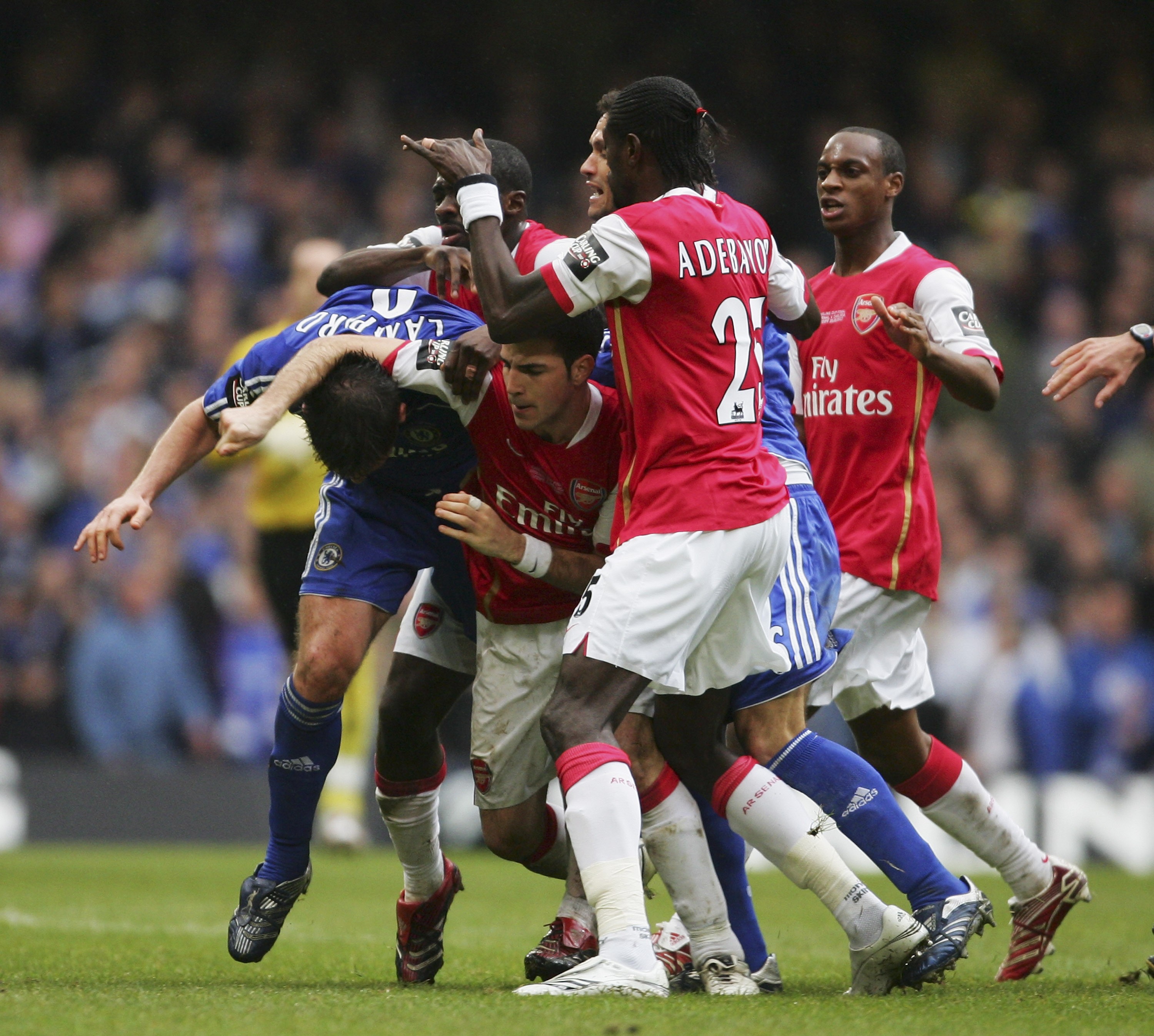CARDIFF, UNITED KINGDOM - FEBRUARY 25: Frank Lampard of Chelsea fights with Cesc Fabregas of Arsenal during the Carling Cup Final match between Chelsea and Arsenal at the Millennium Stadium on February 25, 2007 in Cardiff, Wales. (Photo by Alex Livesey/Getty Images)