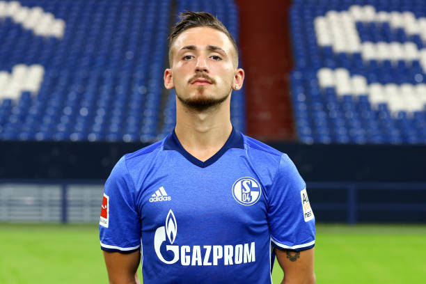 GELSENKIRCHEN, GERMANY - JULY 12: Donis Avdijaj of FC Schalke 04 poses during the team presentation at Veltins Arena on July 12, 2017 in Gelsenkirchen, Germany. (Photo by Christof Koepsel/Bongarts/Getty Images)
