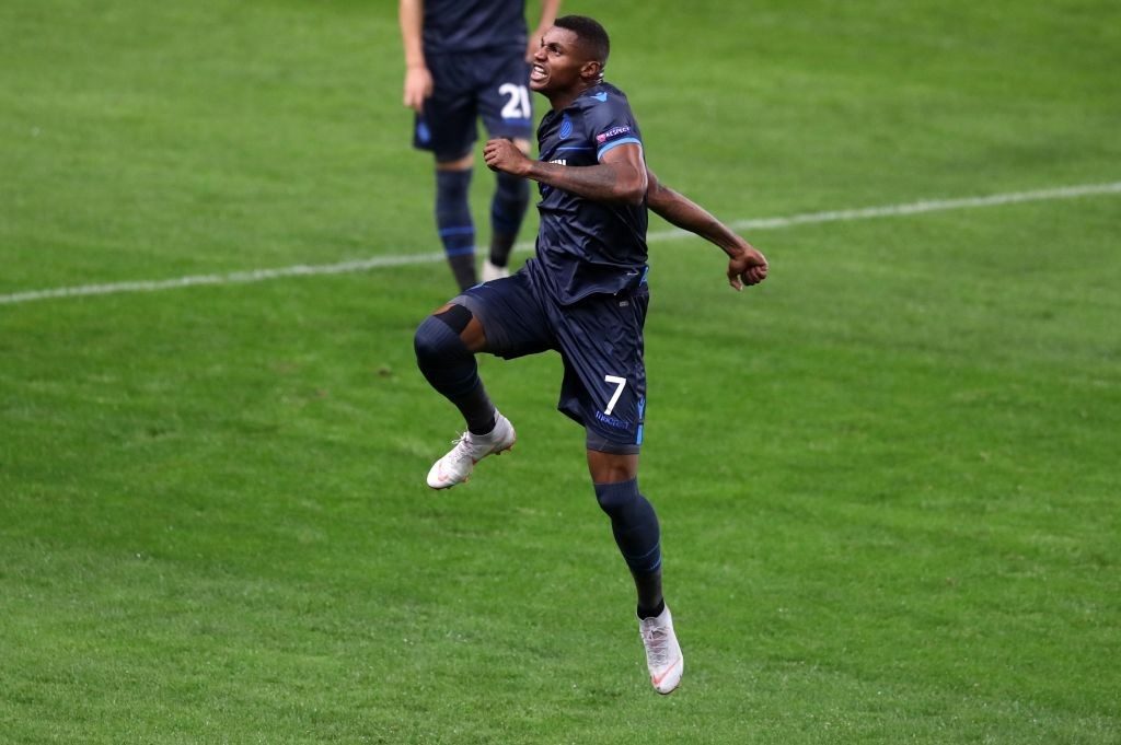 Club Brugge's Brazilian forward Wesley Moraes celebrates scoring his team's third goal during the UEFA Champions League Group A football match between AS Monaco and Bruges at The 'Louis II' Stadium, in Monaco on November 6, 2018. (Photo by VALERY HACHE/AFP/Getty Images)
