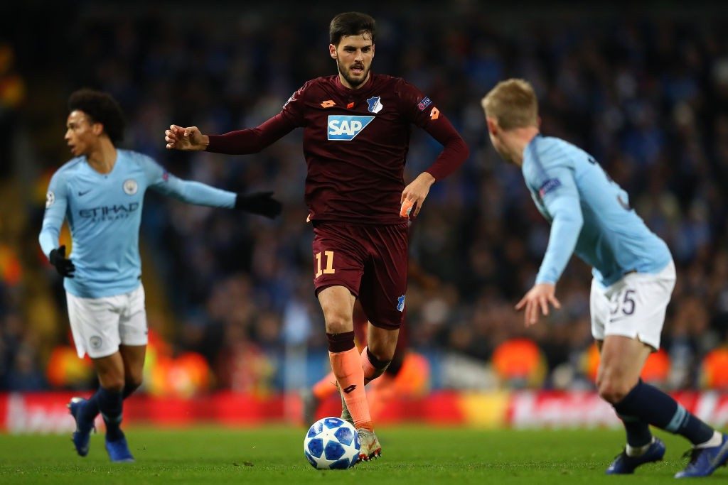 MANCHESTER, ENGLAND - DECEMBER 12: Florian Grillitsch of Hoffenheim during the UEFA Champions League Group F match between Manchester City and TSG 1899 Hoffenheim at Etihad Stadium on December 12, 2018 in Manchester, United Kingdom. (Photo by Michael Steele/Getty Images)
