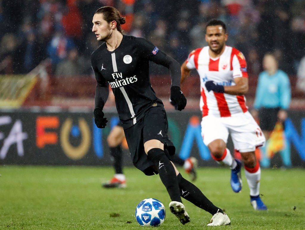 BELGRADE, SERBIA - DECEMBER 11: Adrien Rabiot (L) of Paris Saint-Germain in action during the UEFA Champions League Group C match between Red Star Belgrade and Paris Saint-Germain at Rajko Mitic Stadium on December 11, 2018 in Belgrade, Serbia. (Photo by Srdjan Stevanovic/Getty Images)