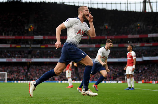 LONDON, ENGLAND - DECEMBER 02: Eric Dier of Tottenham Hotspur celebrates after scoring his team's first goal during the Premier League match between Arsenal FC and Tottenham Hotspur at Emirates Stadium on December 1, 2018 in London, United Kingdom. (Photo by Shaun Botterill/Getty Images)