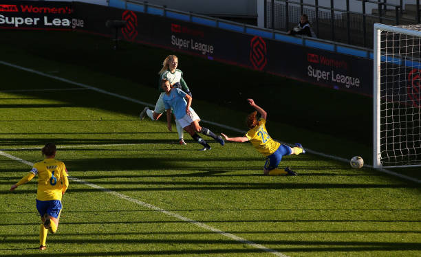 MANCHESTER, ENGLAND - DECEMBER 09: Georgia Stanway of Manchester City Women scores the opening goal during the FA WSL match between Manchester City Women and Birmingham City Women at The Academy Stadium on December 9, 2018 in Manchester, England. (Photo by Alex Livesey/Getty Images)