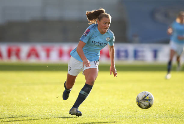 MANCHESTER, ENGLAND - DECEMBER 09: Georgia Stanway of Manchester City Women runs with ball during the FA WSL match between Manchester City Women and Birmingham City Women at The Academy Stadium on December 9, 2018 in Manchester, England. (Photo by Alex Livesey/Getty Images)