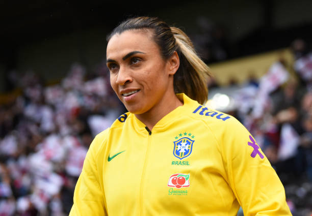 NOTTINGHAM, ENGLAND - OCTOBER 06: Marta of Brazil leads her team out during the International Friendly match between England Women and Brazil Women at Meadow Lane on October 6, 2018 in Nottingham, England. (Photo by Nathan Stirk/Getty Images)
