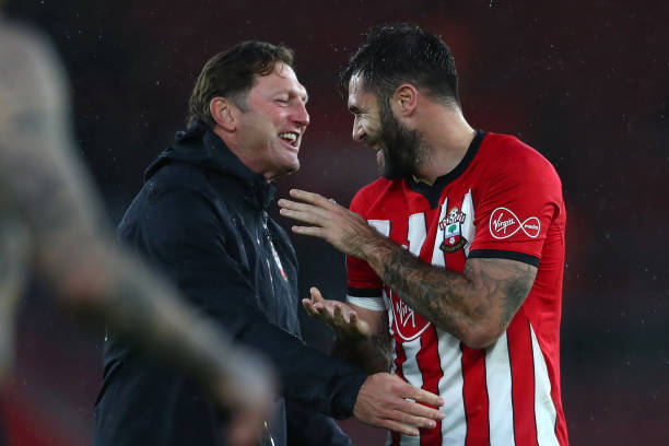 SOUTHAMPTON, ENGLAND - DECEMBER 16:  Ralph Hasenhuettl, Manager of Southampton celebrates with Charlie Austin of Southampton after his team's victory in the Premier League match between Southampton FC and Arsenal FC at St Mary's Stadium on December 16, 2018 in Southampton, United Kingdom.  (Photo by Clive Rose/Getty Images)