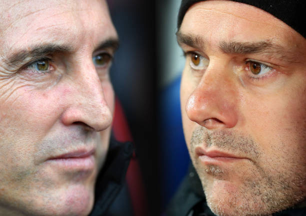 Image numbers 1065112934,1059968412- GRADIENT ADDED) In this composite image a comparison has been made between Unai Emery, Manager of Arsenal (L) and Mauricio Pochettino, Manager of Tottenham Hotspur. Arsenal FC and Tottenham Hotspur meet on December 2, 2018 at the Emirates Stadium in London,England. ***LEFT IMAGE*** BOURNEMOUTH, ENGLAND - NOVEMBER 25: Unai Emery, Manager of Arsenal looks on prior to the Premier League match between AFC Bournemouth and Arsenal FC at Vitality Stadium on November 25, 2018 in Bournemouth, United Kingdom. (Photo by Dan Mullan/Getty Images) ***RIGHT IMAGE*** LONDON, ENGLAND - NOVEMBER 10: Mauricio Pochettino, Manager of Tottenham Hotspur looks on prior to the Premier League match between Crystal Palace and Tottenham Hotspur at Selhurst Park on November 10, 2018 in London, United Kingdom. (Photo by Catherine Ivill/Getty Images)