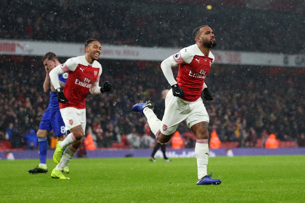 LONDON, ENGLAND - JANUARY 29: Alexandre Lacazette of Arsenal celebrates after scoring his team's second goal during the Premier League match between Arsenal and Cardiff City at Emirates Stadium on January 29, 2019 in London, United Kingdom. (Photo by Catherine Ivill/Getty Images)