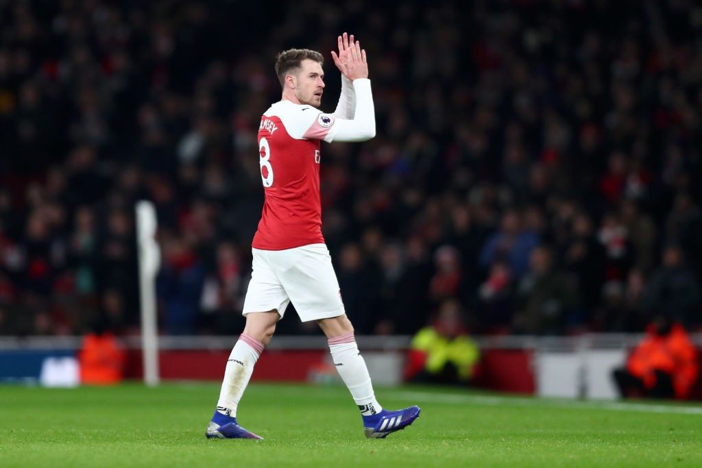 LONDON, ENGLAND - JANUARY 19: Aaron Ramsey of Arsenal acknowledges the fans as he is substituted during the Premier League match between Arsenal FC and Chelsea FC at Emirates Stadium on January 19, 2019 in London, United Kingdom. (Photo by Clive Rose/Getty Images)