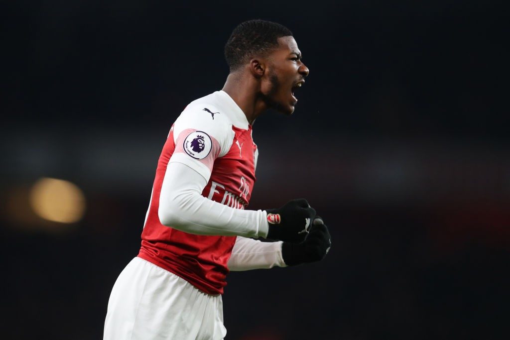 LONDON, ENGLAND - JANUARY 19: Ainsley Maitland-Niles of Arsenal celebrates his team's victory after the Premier League match between Arsenal FC and Chelsea FC at Emirates Stadium on January 19, 2019 in London, United Kingdom. (Photo by Catherine Ivill/Getty Images)