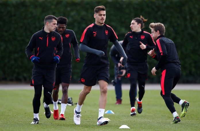 ST ALBANS, ENGLAND - MARCH 14: Konstantinos Mavropanos of Arsenal during an Arsenal Training Session ahead of there Europa League 2nd Leg match against AC Milan at London Colney on March 14, 2018 in St Albans, England. (Photo by Julian Finney/Getty Images)