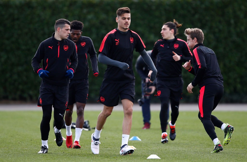ST ALBANS, ENGLAND - MARCH 14: Konstantinos Mavropanos of Arsenal during an Arsenal Training Session ahead of there Europa League 2nd Leg match against AC Milan at London Colney on March 14, 2018 in St Albans, England. (Photo by Julian Finney/Getty Images)