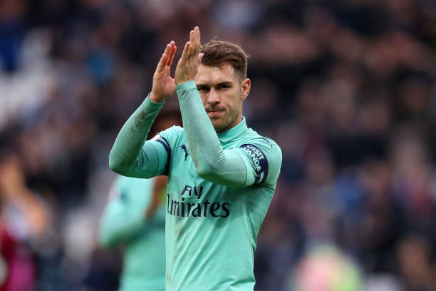 LONDON, ENGLAND - JANUARY 12: Aaron Ramsey of Arsenal acknowledges the fans following his sides defeat in the Premier League match between West Ham United and Arsenal FC at London Stadium on January 12, 2019 in London, United Kingdom. (Photo by Catherine Ivill/Getty Images)