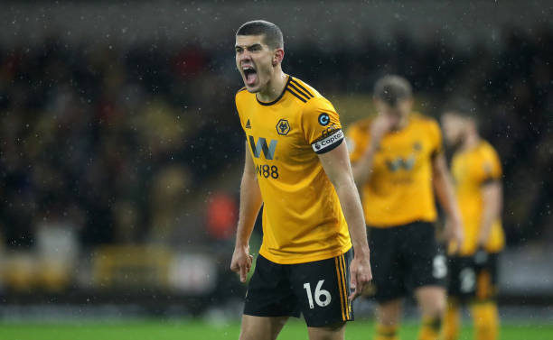 WOLVERHAMPTON, ENGLAND - DECEMBER 21:  Conor Coady the Wolverhampton Wanderers captain issues instructions during the Premier League match between Wolverhampton Wanderers and Liverpool FC at Molineux on December 21, 2018 in Wolverhampton, United Kingdom.  (Photo by David Rogers/Getty Images)
